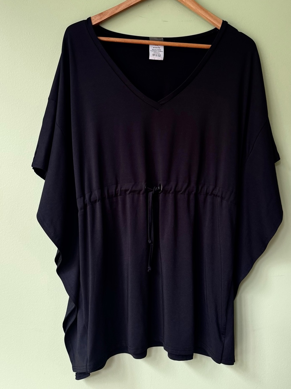 Cover Me Swim Minimalist Black Drawstring Kaftan Tunic Swim Cover Up V-Neck Top